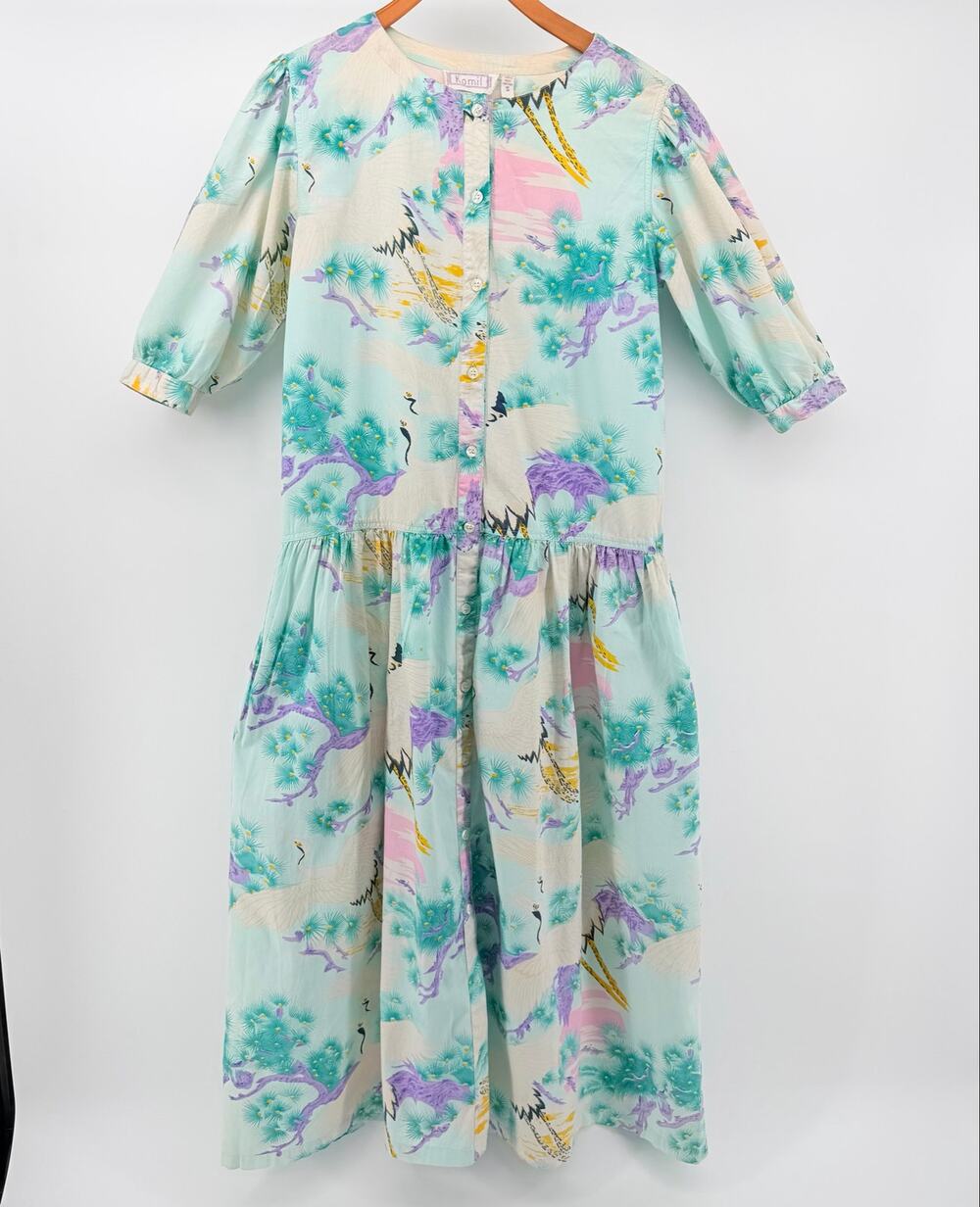 Vintage Komil Honolulu Hawaii Drop Waist Midi Dress S Cottagecore Aloha Pastel